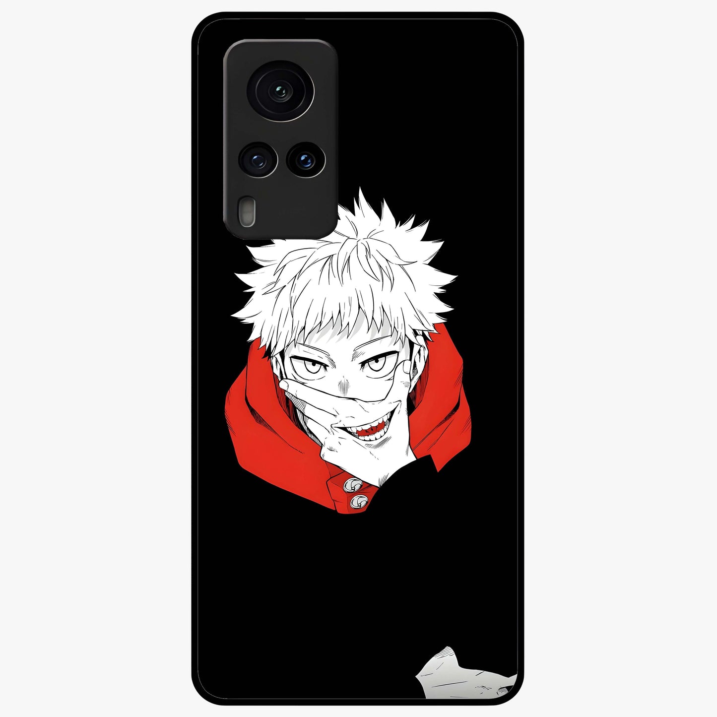 Crimson Chaos Smile Glass Case showing flat back view with bold chaotic smile artwork and glossy glass finish.