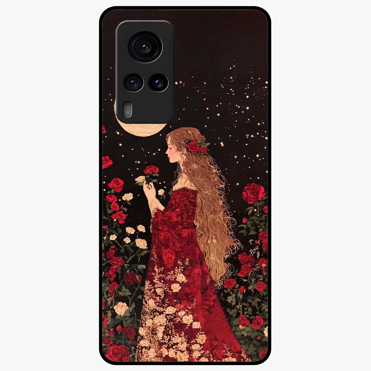 Crimson Dreams Glass Case showing flat back view with dreamy crimson artwork and glossy glass finish.