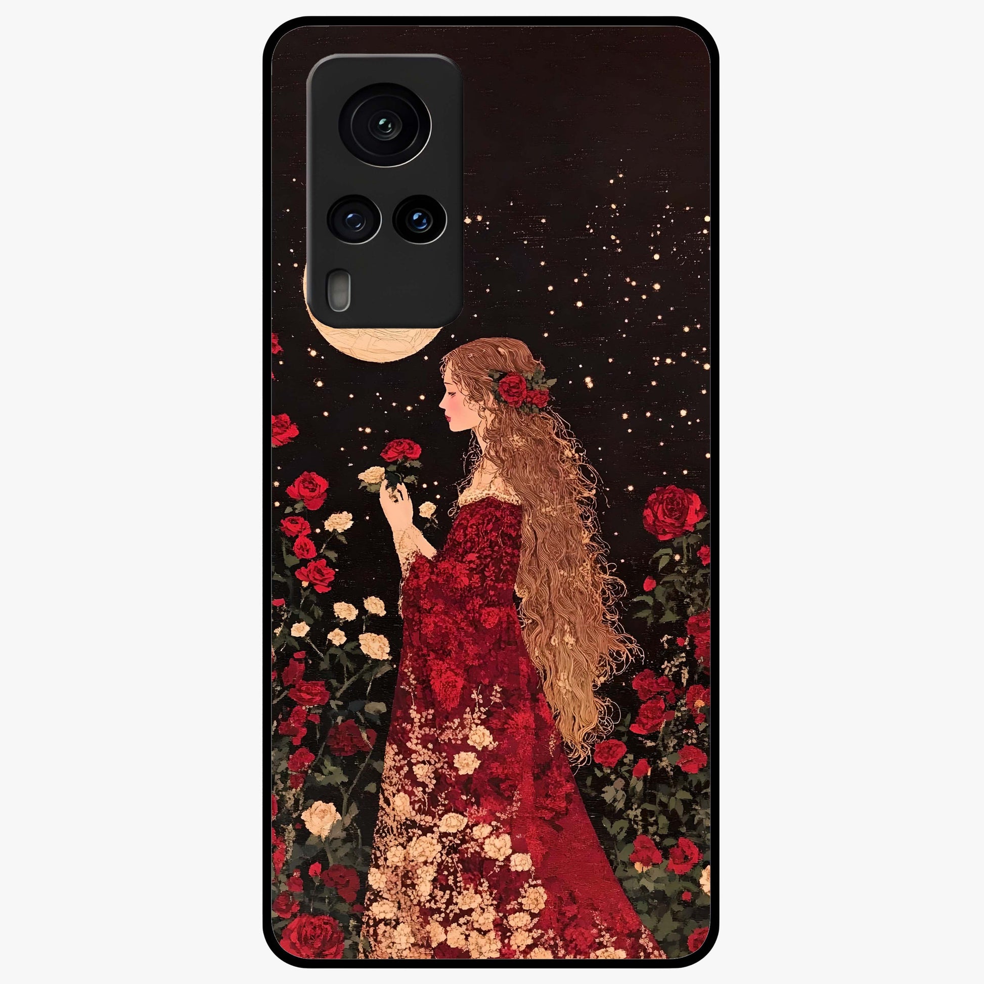 Crimson Dreams Glass Case showing flat back view with dreamy crimson artwork and glossy glass finish.