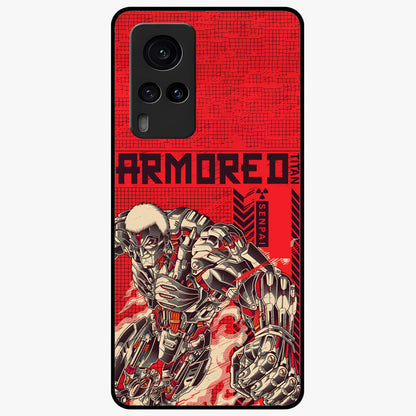 Crimson Mecha Titan Glass Case showing flat back view with powerful mech titan artwork and glossy glass finish.