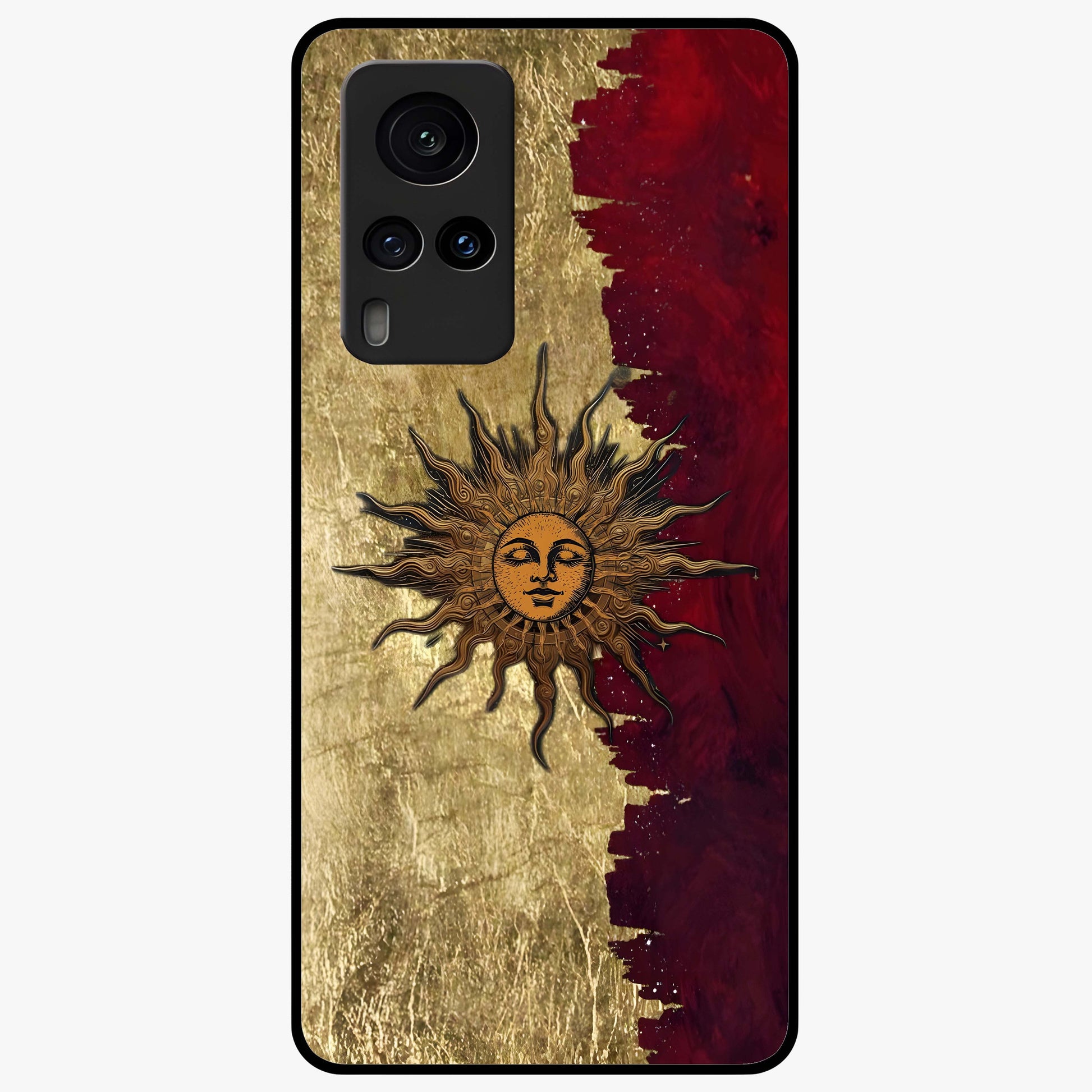 Crimson Sun Majesty Glass Case showing flat back view with radiant sun inspired artwork and glossy glass finish.