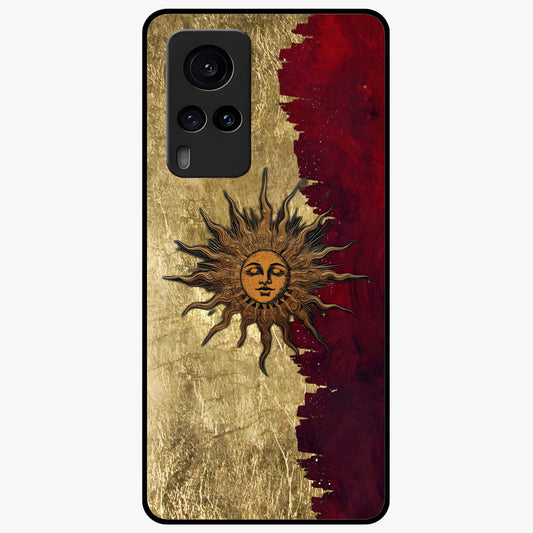 Crimson Sun Majesty Glass Case showing flat back view with radiant sun inspired artwork and glossy glass finish.