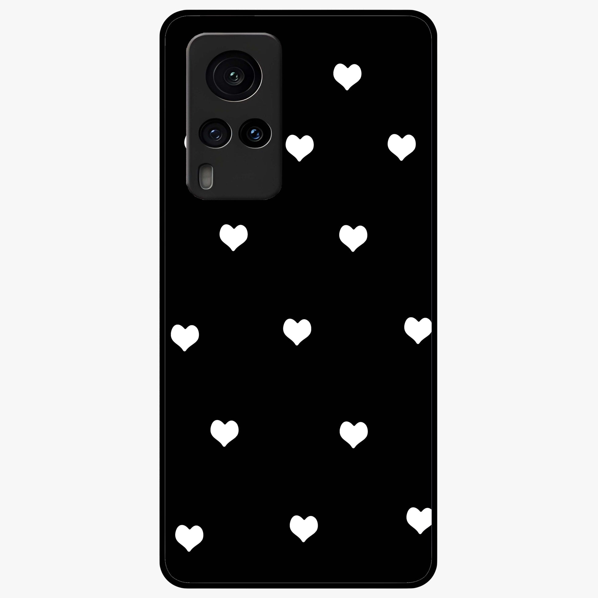 Cute And Simple White Hearts Glass Case showing flat back view with minimal white heart pattern and glossy glass finish.
