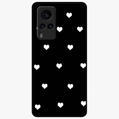 Cute And Simple White Hearts Glass Case showing flat back view with minimal white heart pattern and glossy glass finish.