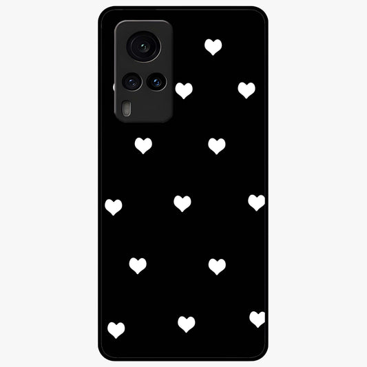 Cute And Simple White Hearts Glass Case showing flat back view with minimal white heart pattern and glossy glass finish.