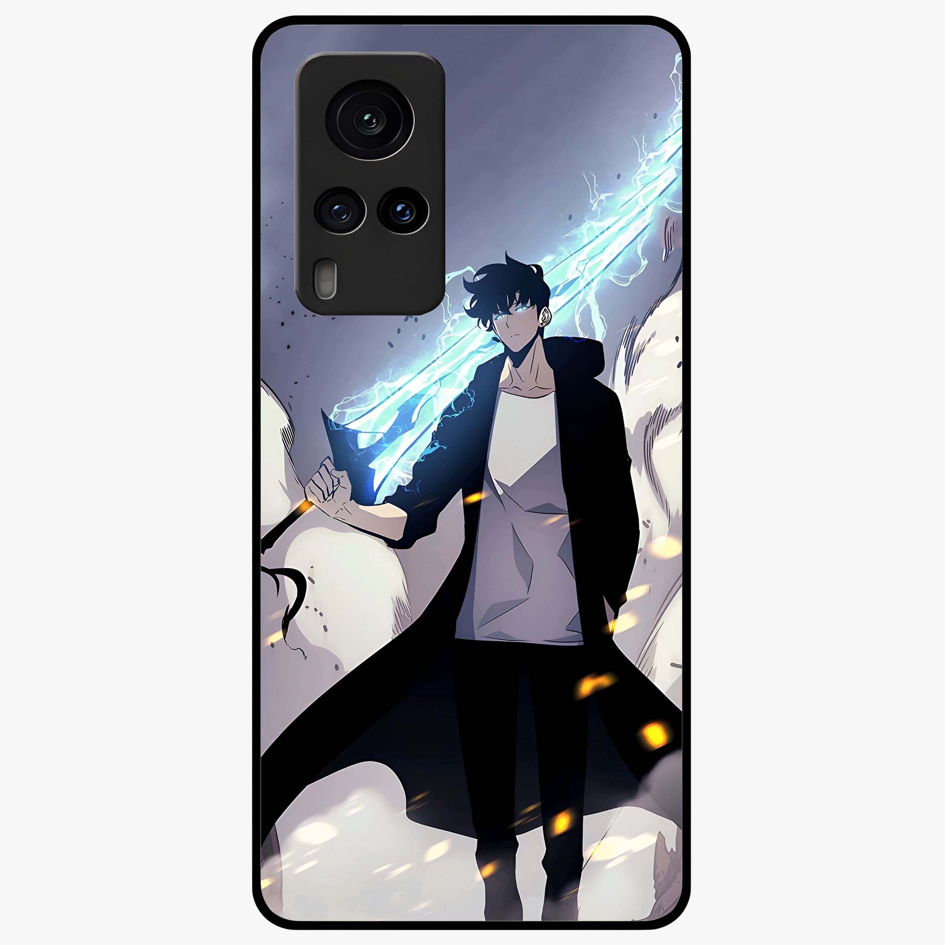 Dark Lightning Anime Warrior Glass Case showing flat back view with intense anime warrior artwork and glossy glass finish.