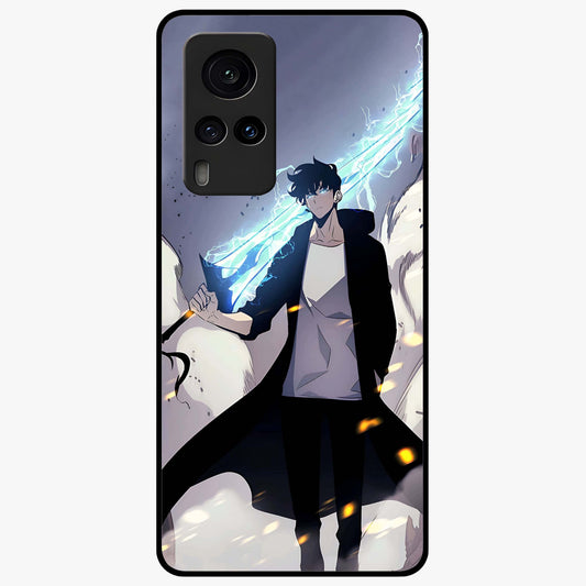 Dark Lightning Anime Warrior Glass Case showing flat back view with intense anime warrior artwork and glossy glass finish.