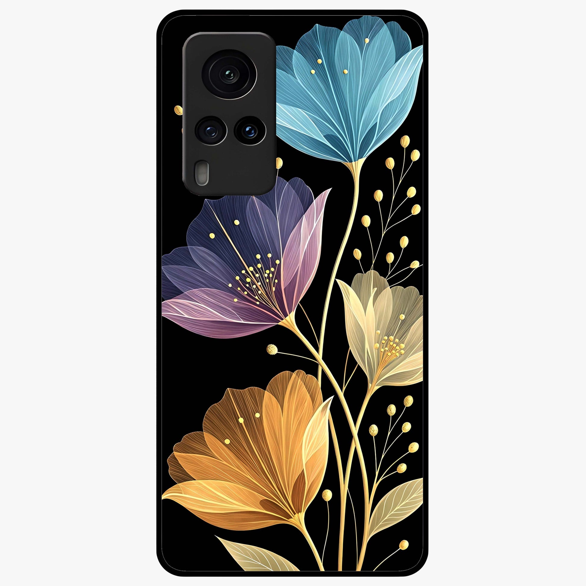 Delicate Multicolor Flowers Glass Case showing flat back view with vibrant floral artwork and glossy glass finish.
