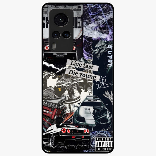 Die Young Glass Case showing flat back view with bold artistic typography design and glossy glass finish.