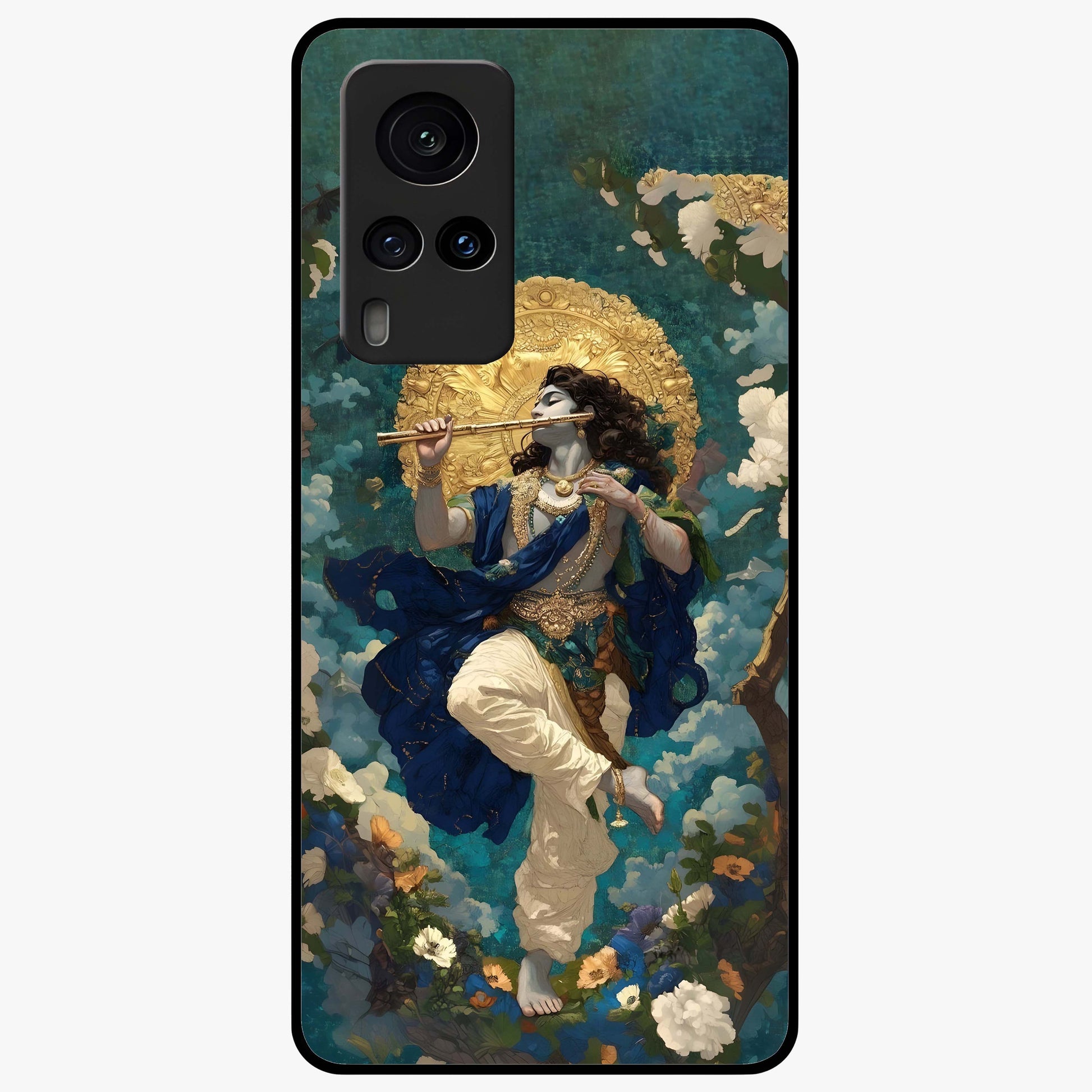 Divine Krishna Art Glass Case showing flat back view with Lord Krishna artwork and glossy glass finish.
