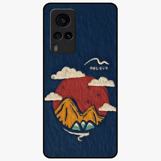 Dream Beyond Mountains Glass Case showing flat back view with scenic mountain landscape artwork and glossy glass finish.