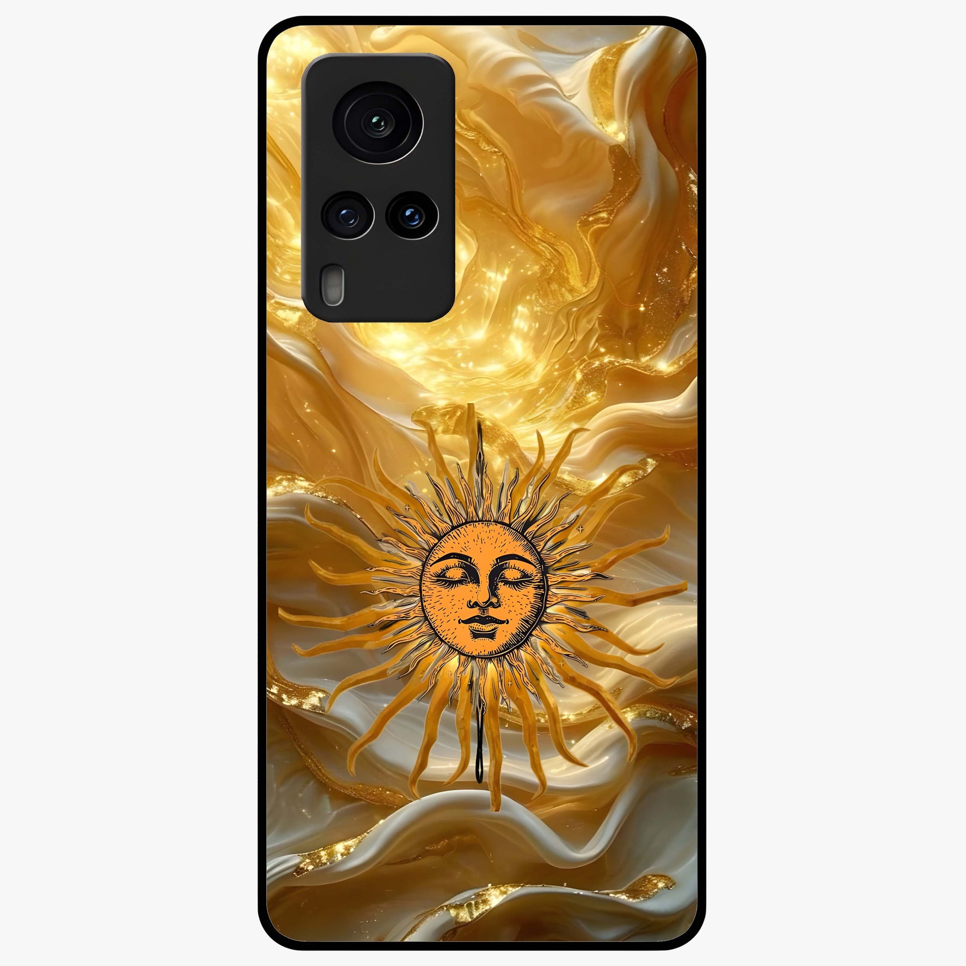 Eternal Golden Glow Glass Case showing flat back view with radiant golden themed artwork and glossy glass finish.