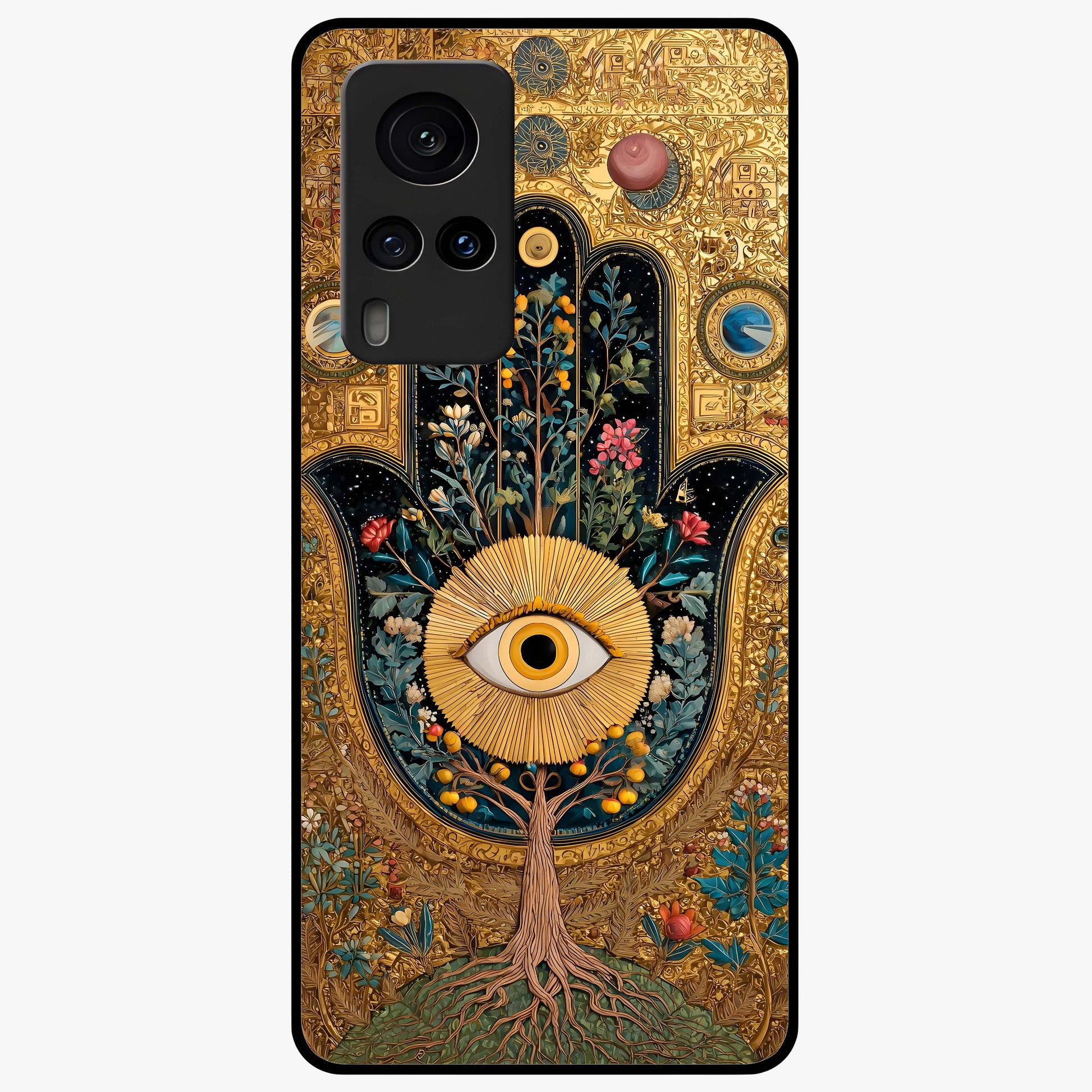 Ethereal Evil Eye Glass Case showing flat back view with mystical evil eye artwork and glossy glass finish.