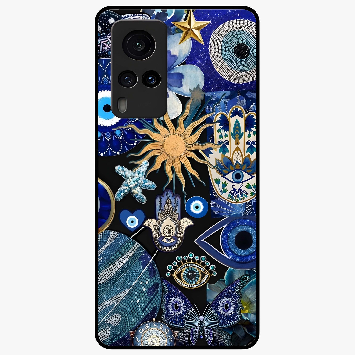 Evil Eye Charm Mix Glass Case showing flat back view with multiple evil eye charms artwork and glossy glass finish.