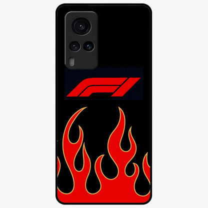 Fire F11 Glass Case showing flat back view with fiery themed artwork and glossy glass finish.