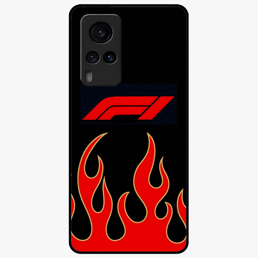 Fire F11 Glass Case showing flat back view with fiery themed artwork and glossy glass finish.