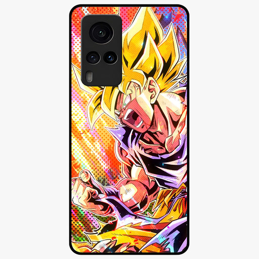 Firing Goku Glass Case showing flat back view with powerful anime inspired artwork and glossy glass finish.