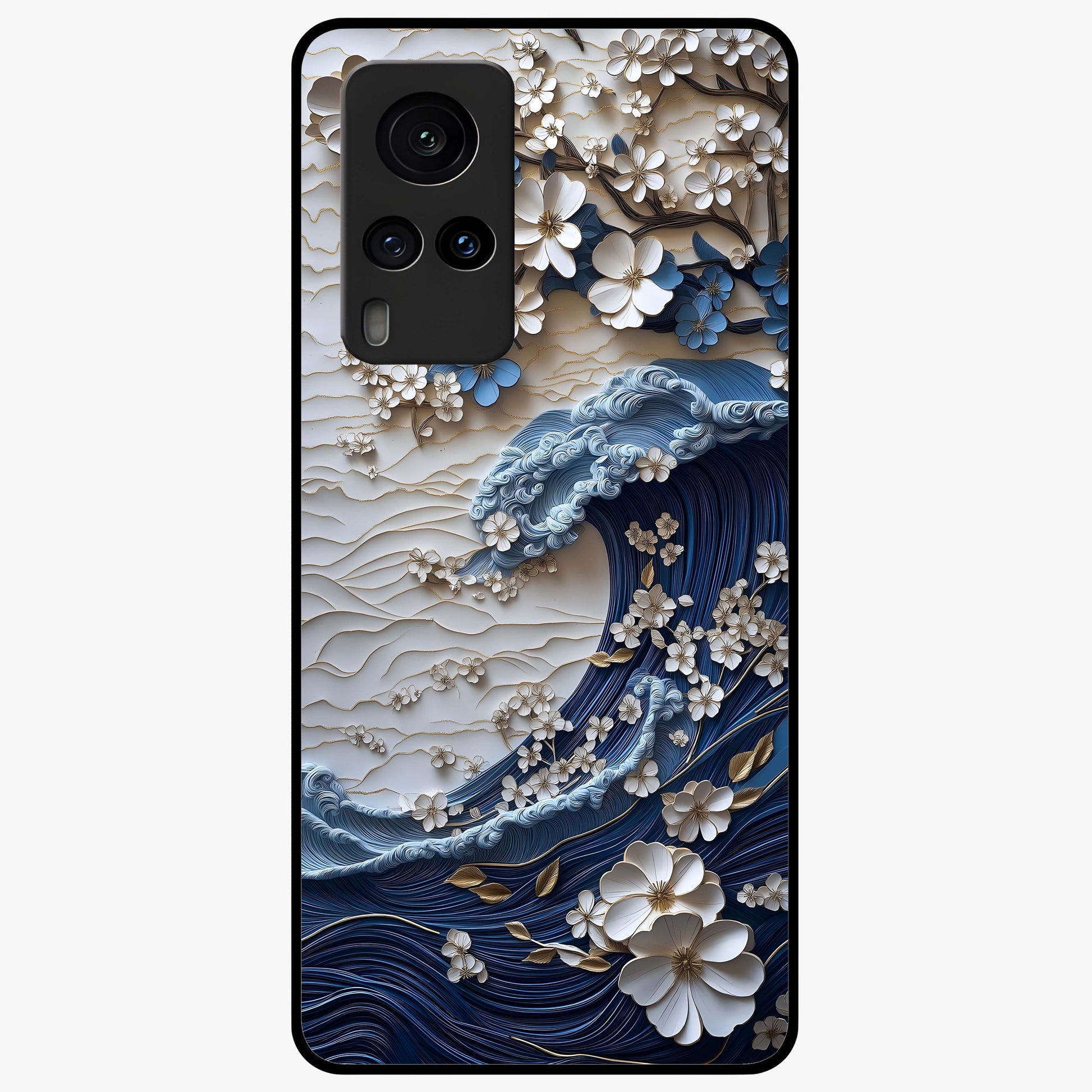 Floral Wave Origami Glass Case showing flat back view with origami inspired floral wave artwork and glossy glass finish.