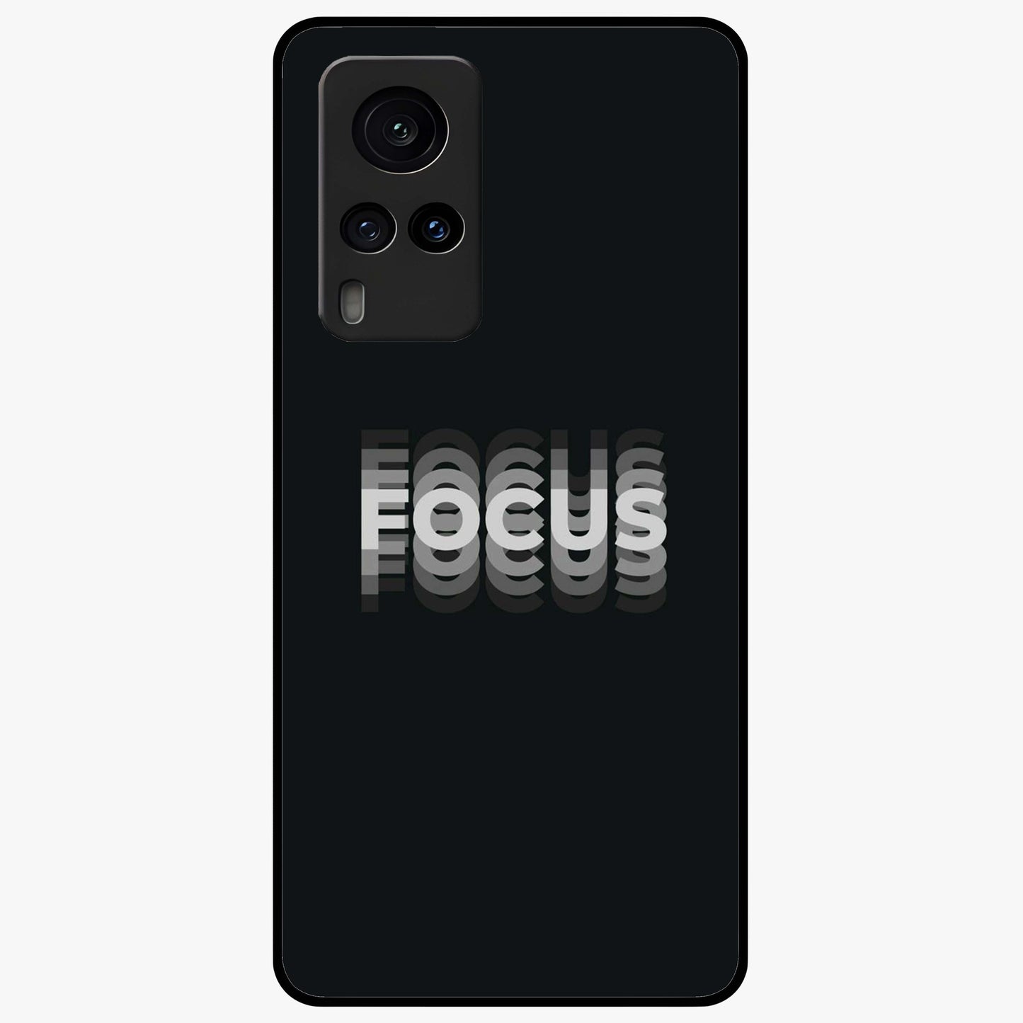 Focus Mode On Glass Case showing flat back view with bold motivational typography design and glossy glass finish.