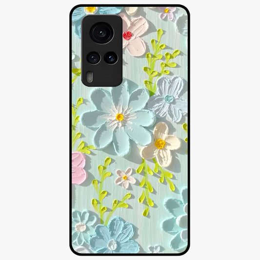 Frosted Petal Garden Glass Case showing flat back view with soft frosted floral artwork and glossy glass finish.