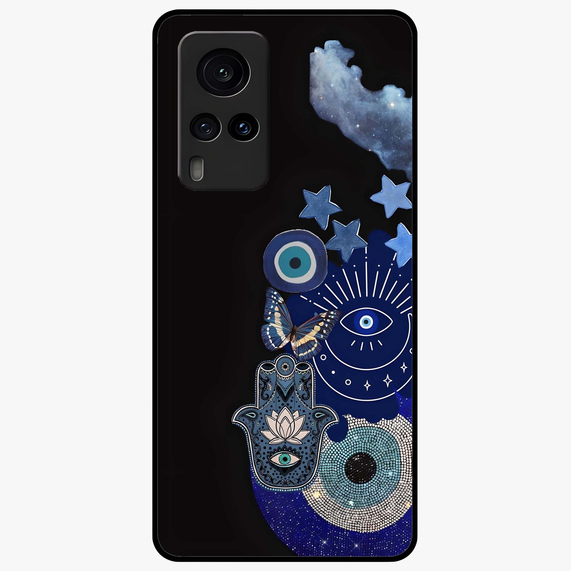 Galactic Charm Cluster Glass Case showing flat back view with glowing celestial charm artwork and glossy glass finish.