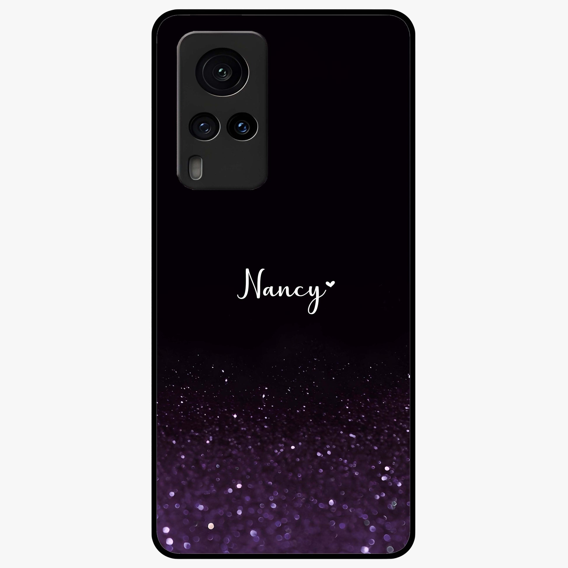 Glittery Purple Bokeh Custom Name Glass Case showing flat back view with purple bokeh sparkle artwork and personalized name design.