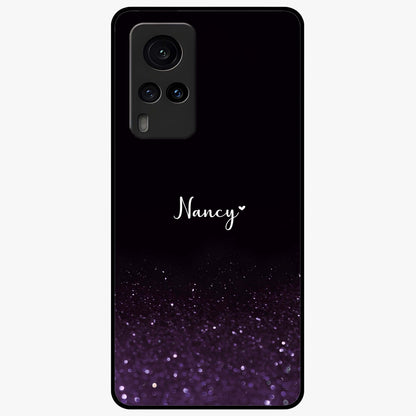Glittery Purple Bokeh Custom Name Glass Case showing flat back view with purple bokeh sparkle artwork and personalized name design.