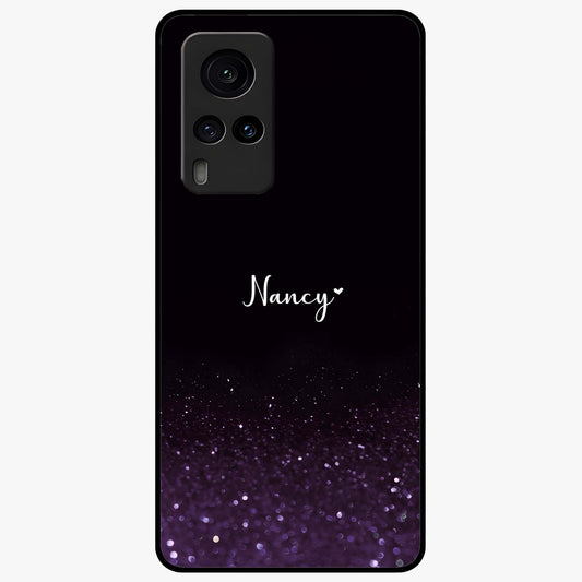 Glittery Purple Bokeh Custom Name Glass Case showing flat back view with purple bokeh sparkle artwork and personalized name design.