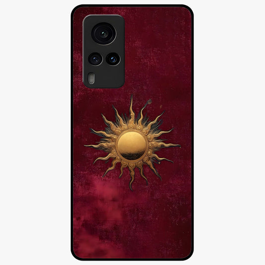 Gold Sun Blush Glass Case showing flat back view with golden sun inspired artwork and glossy glass finish.