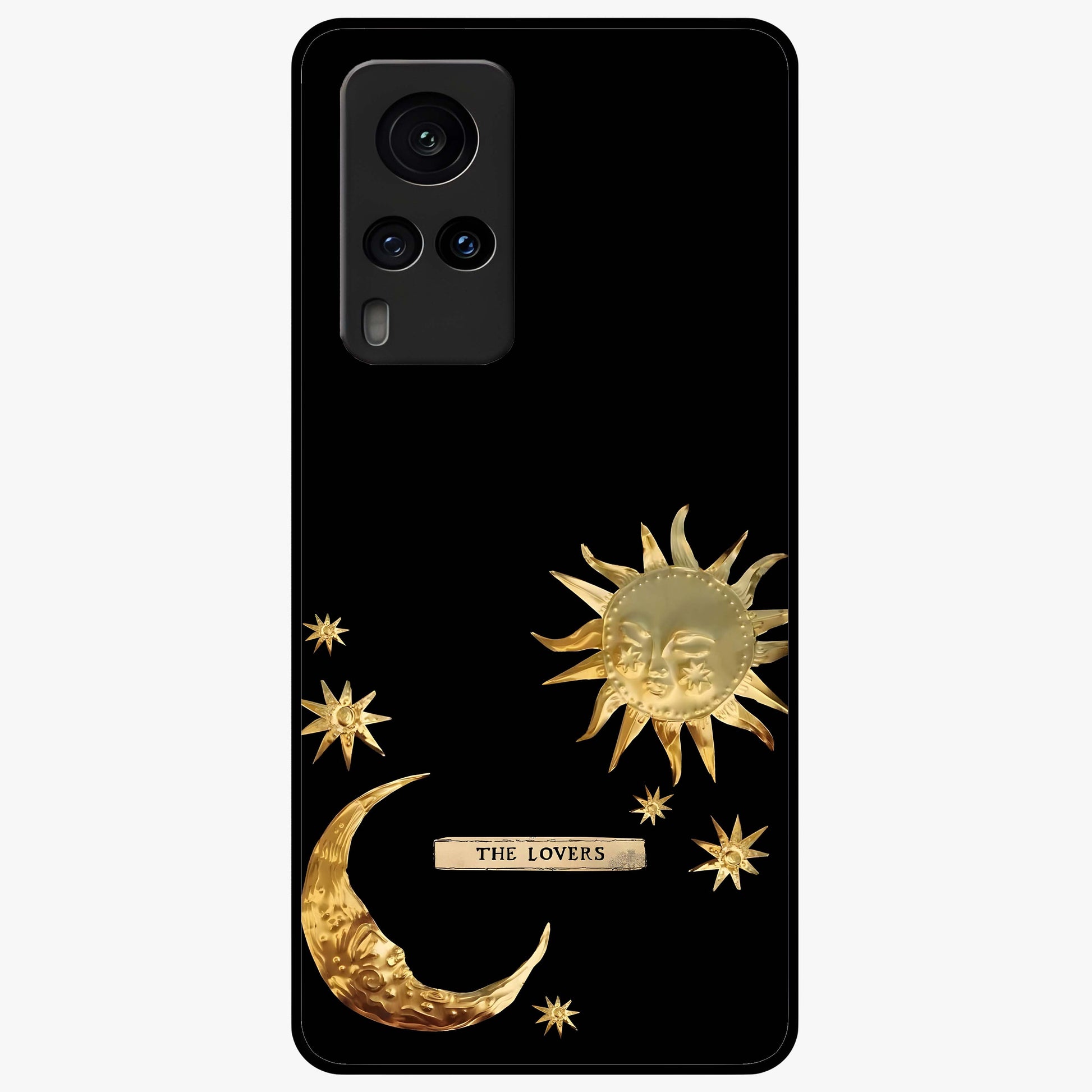 Golden Celestial Charm Glass Case showing flat back view with golden celestial charm artwork and glossy glass finish.