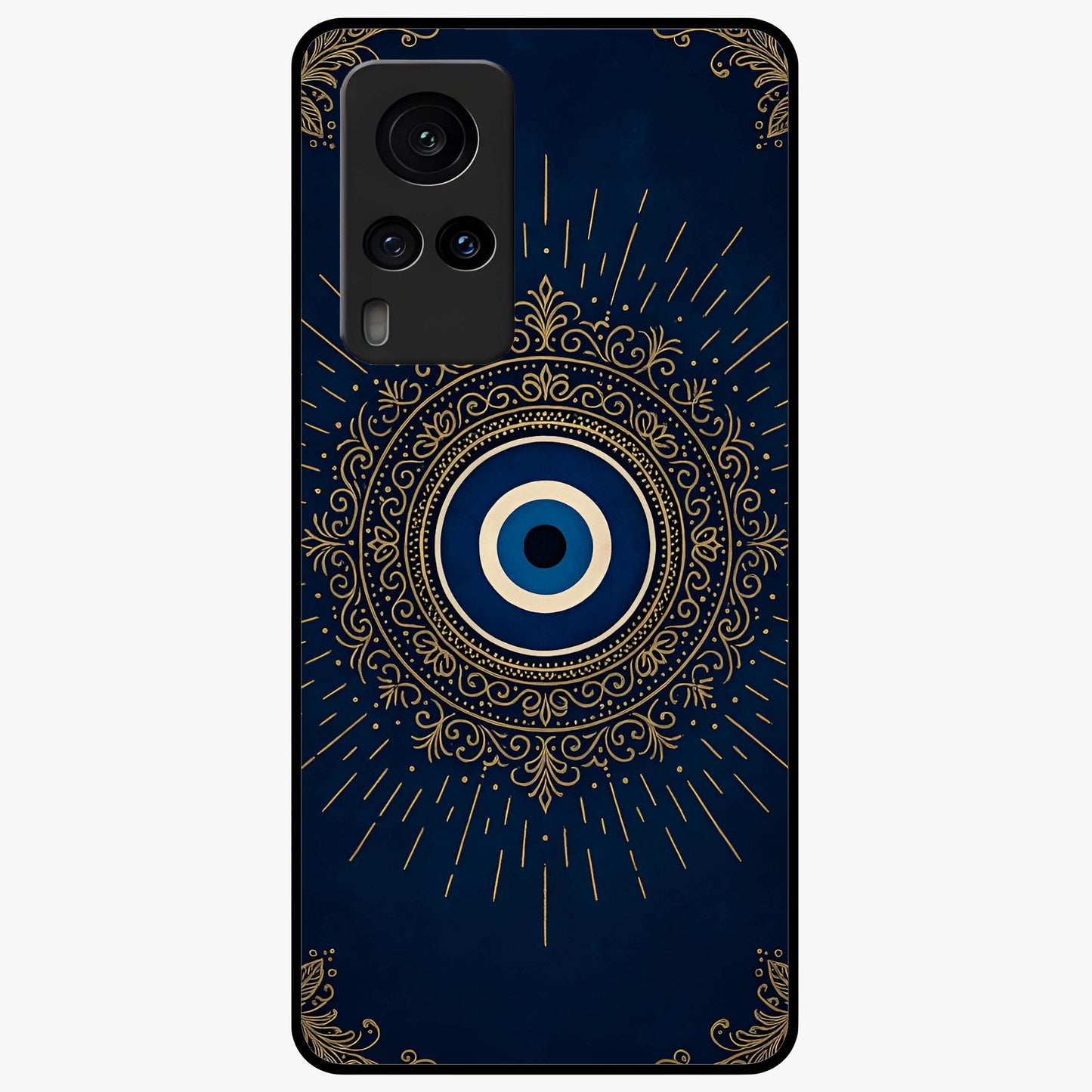 Golden Evil Eye Mandala Glass Case showing flat back view with intricate evil eye mandala artwork and glossy glass finish.