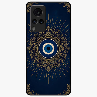 Golden Evil Eye Mandala Glass Case showing flat back view with intricate evil eye mandala artwork and glossy glass finish.