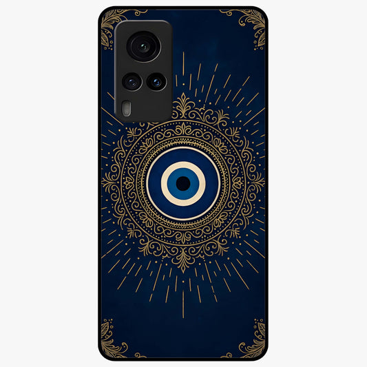 Golden Evil Eye Mandala Glass Case showing flat back view with intricate evil eye mandala artwork and glossy glass finish.