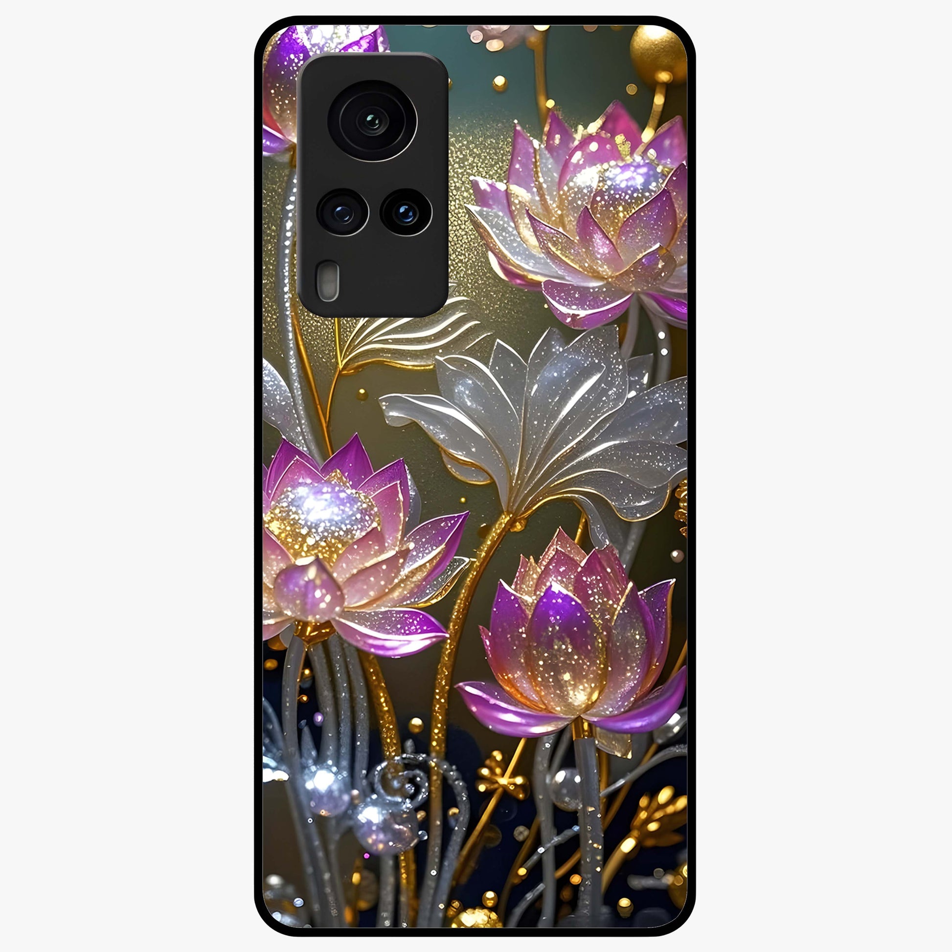 Golden Lotus Glow Glass Case showing flat back view with glowing lotus flower artwork and glossy glass finish.