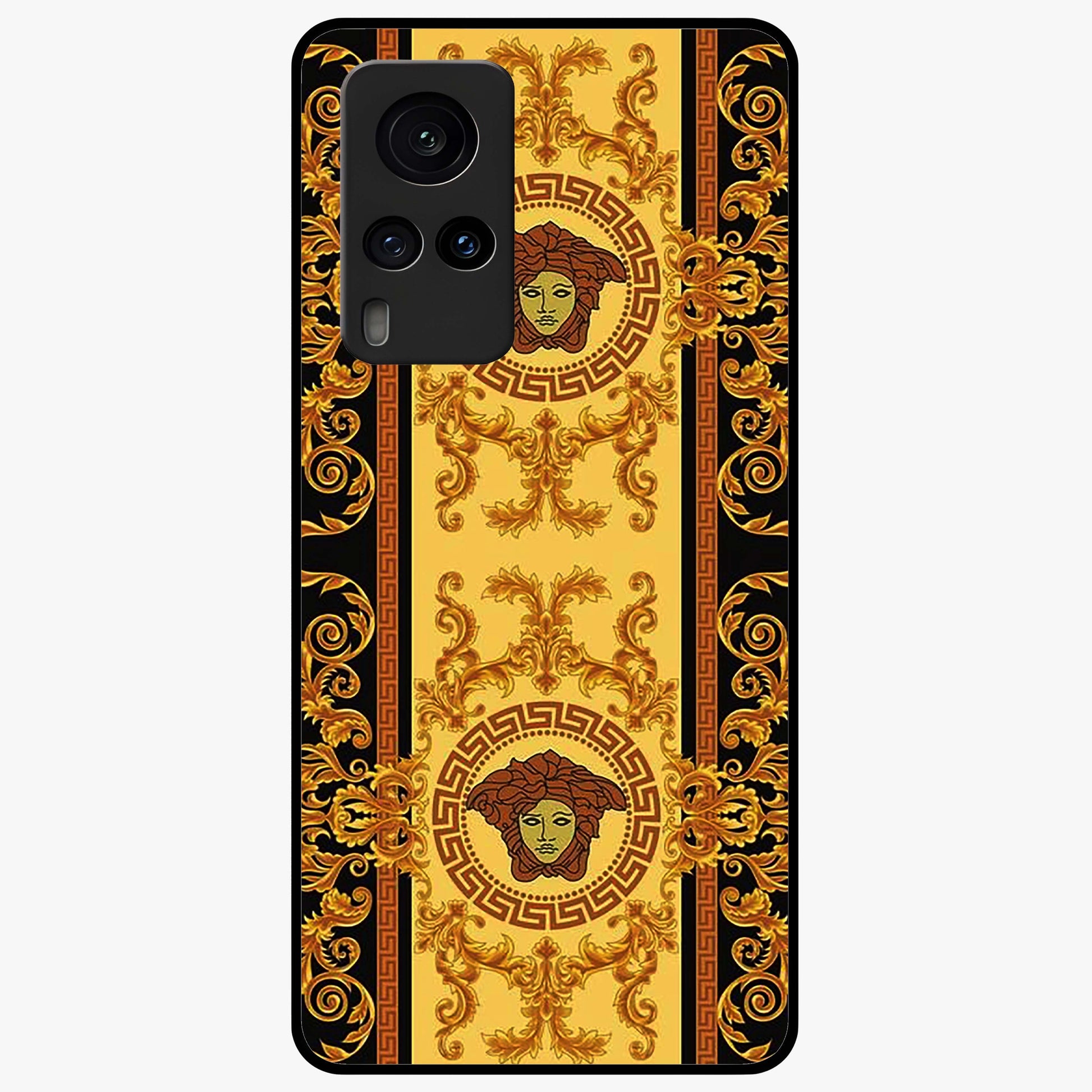 Golden Royal Heritage Glass Case showing flat back view with ornate royal pattern artwork and glossy glass finish.