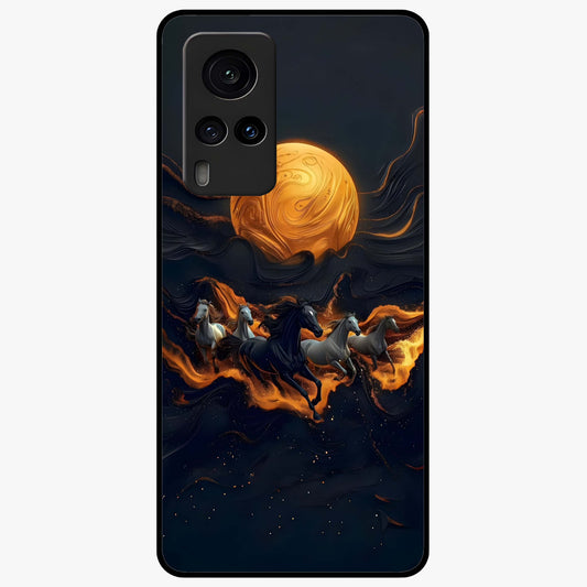 Golden Stallion Moonride Glass Case showing flat back view with majestic horse under moonlight artwork and glossy glass finish.