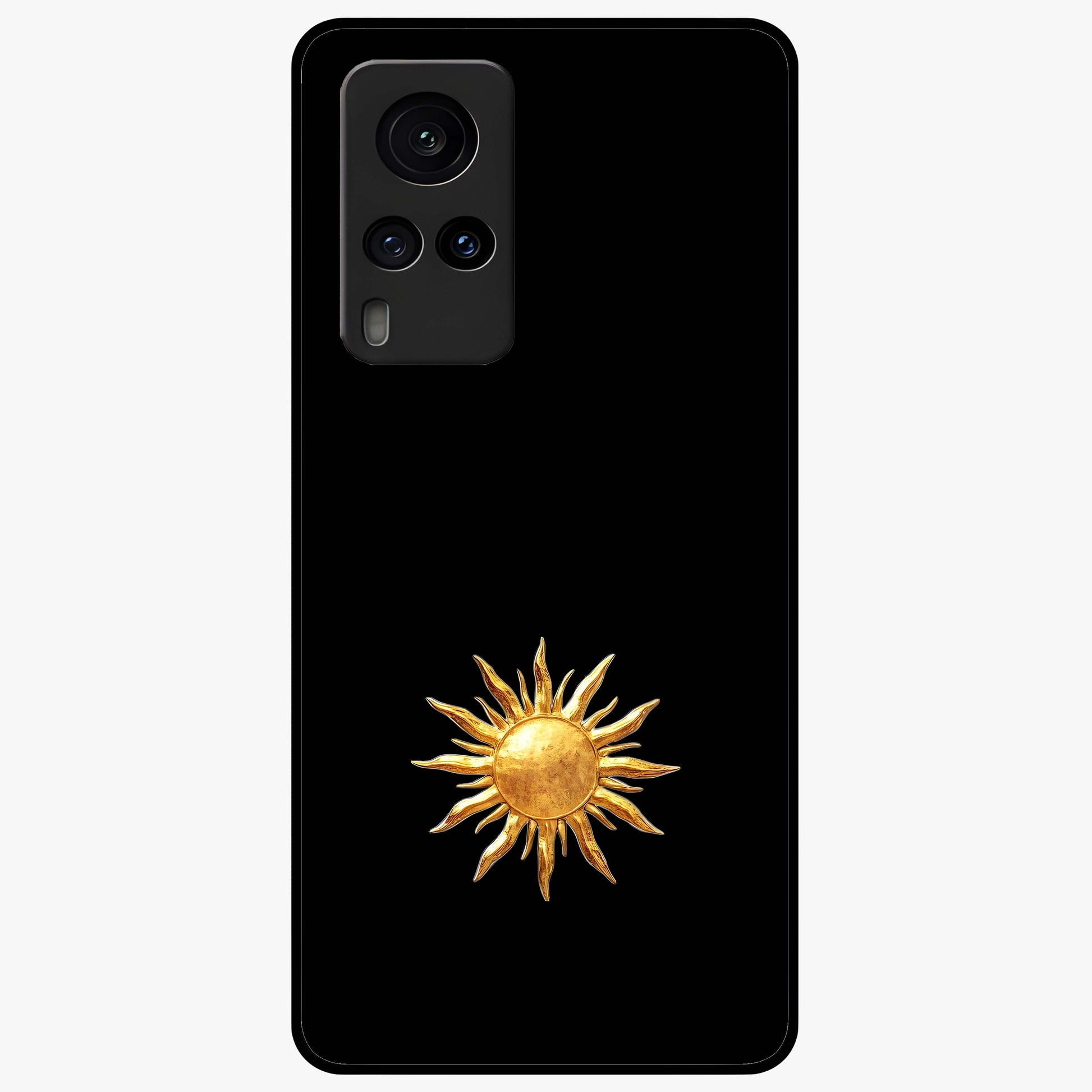 Golden Sun Minimalism Glass Case showing flat back view with minimal golden sun artwork and glossy glass finish.