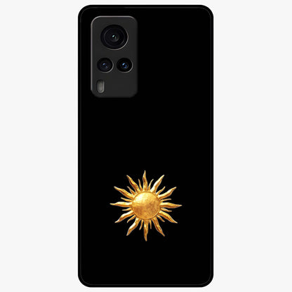 Golden Sun Minimalism Glass Case showing flat back view with minimal golden sun artwork and glossy glass finish.