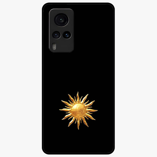 Golden Sun Minimalism Glass Case showing flat back view with minimal golden sun artwork and glossy glass finish.