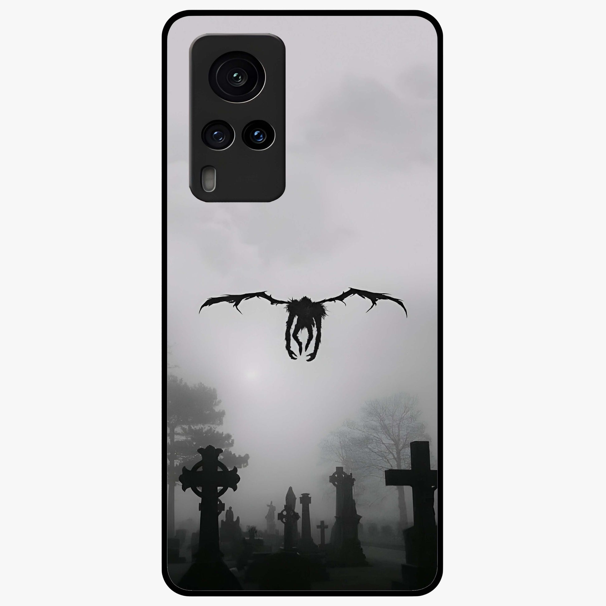 Graveyard Shadow Descent Glass Case showing flat back view with dark graveyard themed artwork and glossy glass finish.
