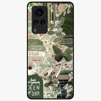 Green Islamic Books Quotes Glass Case showing flat back view with Islamic quotes and book themed artwork and glossy glass finish.