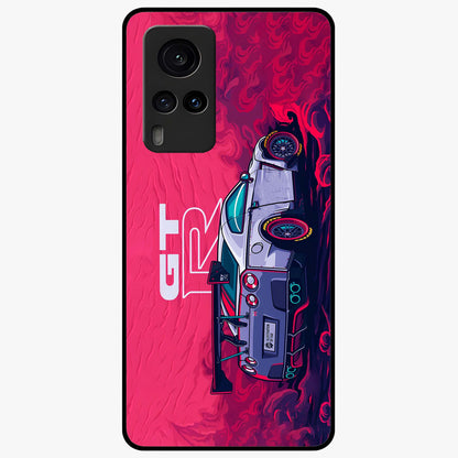 GT-R Car Pattern Glass Case showing flat back view with sporty car inspired pattern artwork and glossy glass finish.