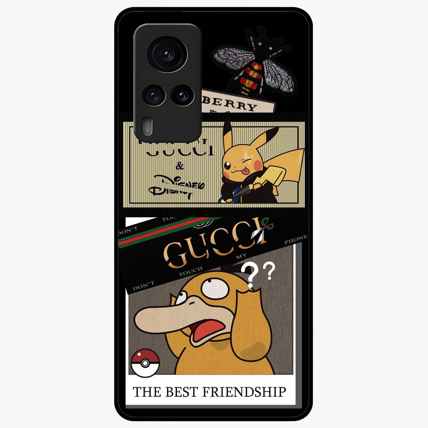 Gucci Play Mashup Glass Case showing flat back view with luxury inspired graphic artwork and glossy glass finish.