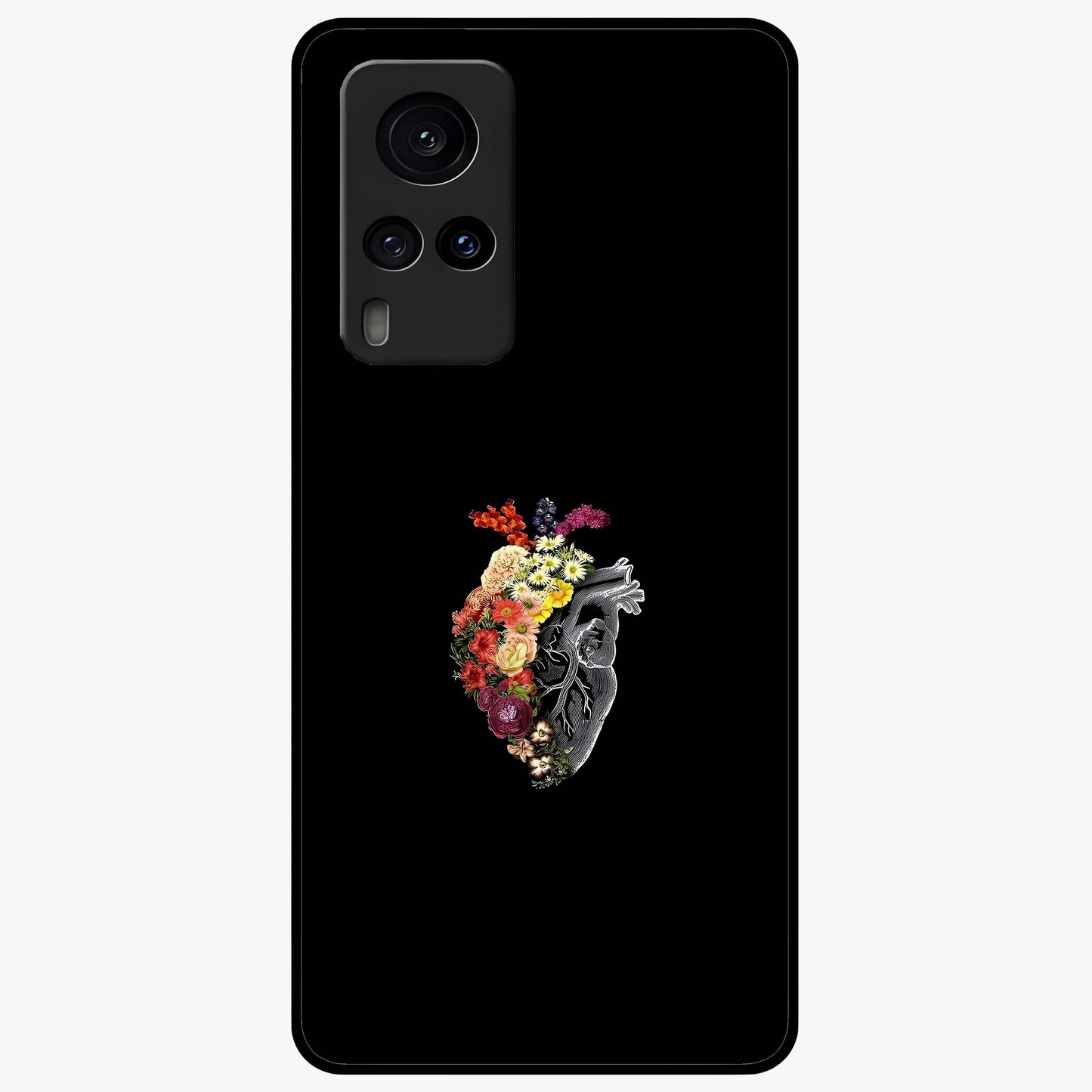 Heart With Flowers Glass Case showing flat back view with heart shaped floral artwork and glossy glass finish.