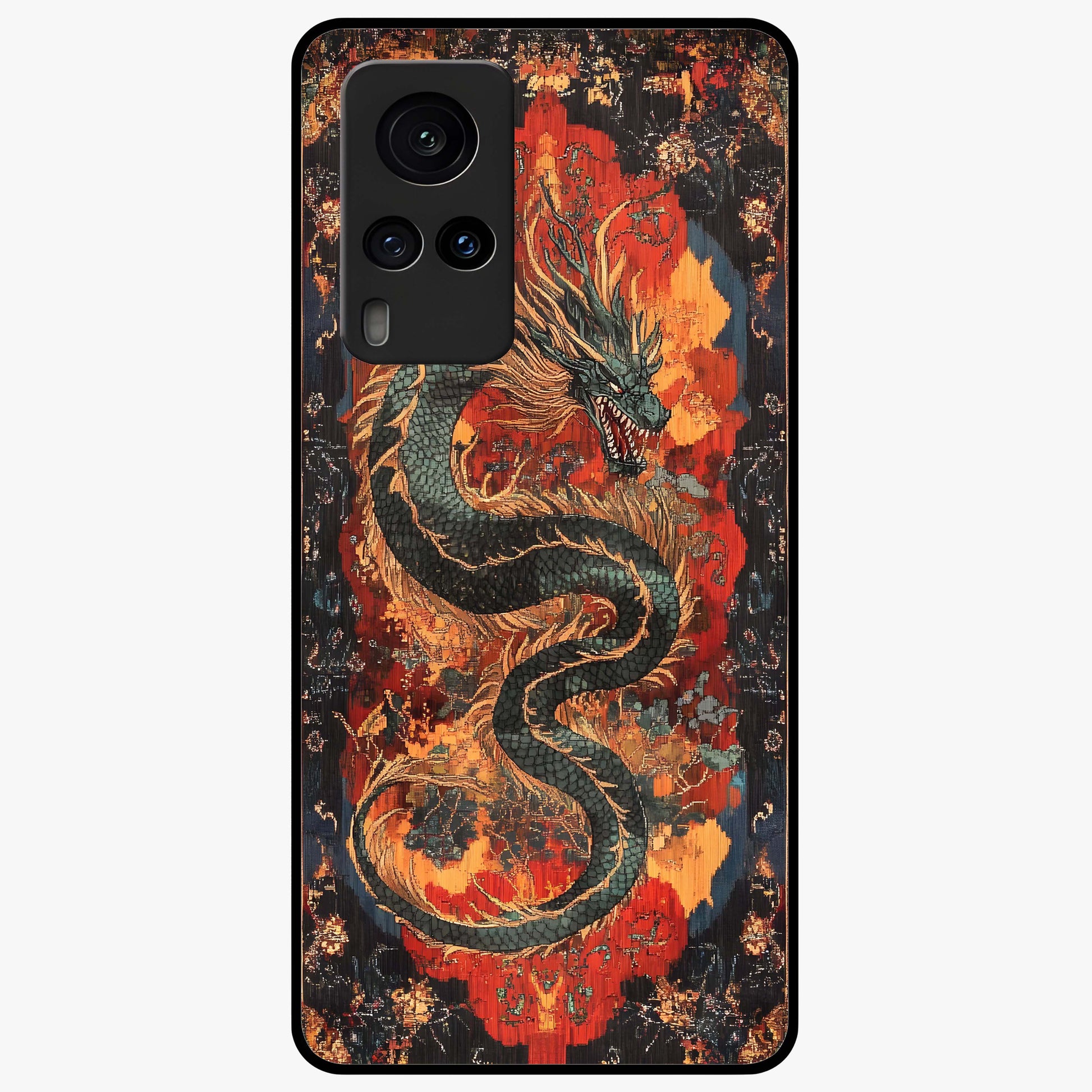 Inferno Dragon Soul Glass Case showing flat back view with fiery dragon artwork and glossy glass finish.