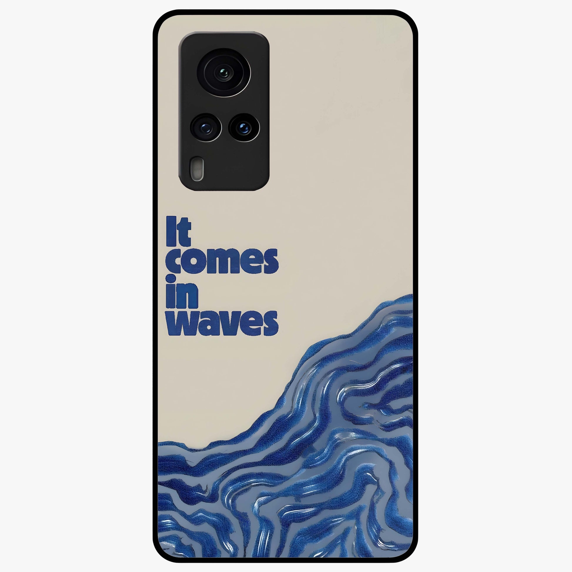 It Comes In Waves Quote Glass Case showing flat back view with inspirational wave themed quote artwork and glossy glass finish.