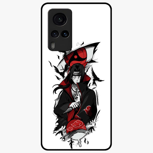 Itachi Sharingan Glass Case showing flat back view with powerful anime eye artwork and glossy glass finish.