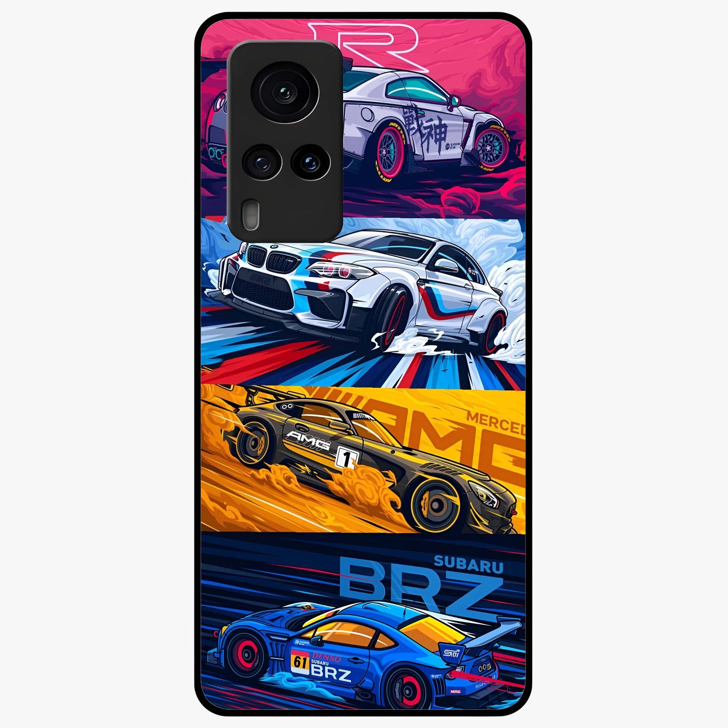 JDM Sports Car Glass Case showing flat back view with high performance sports car artwork and glossy glass finish.