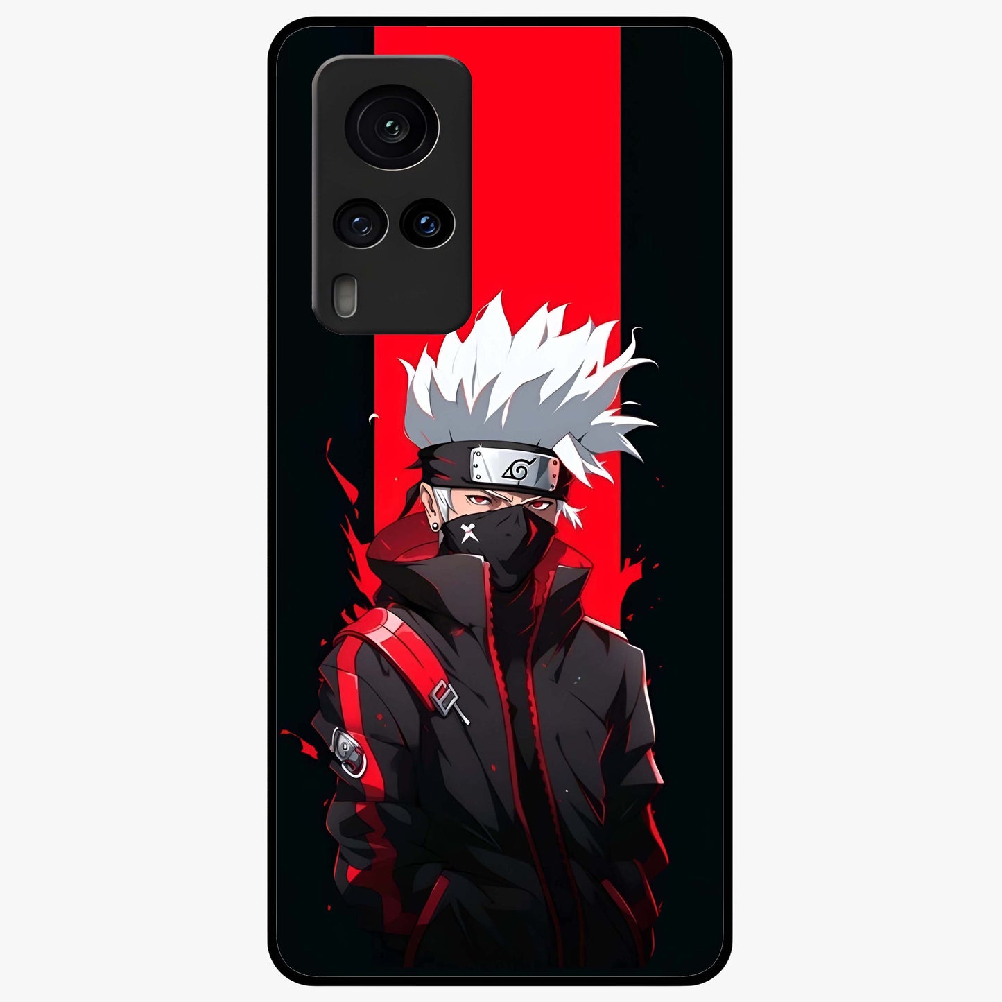 Kakashi Scarlet Shadow Glass Case showing flat back view with powerful anime ninja artwork and glossy glass finish.