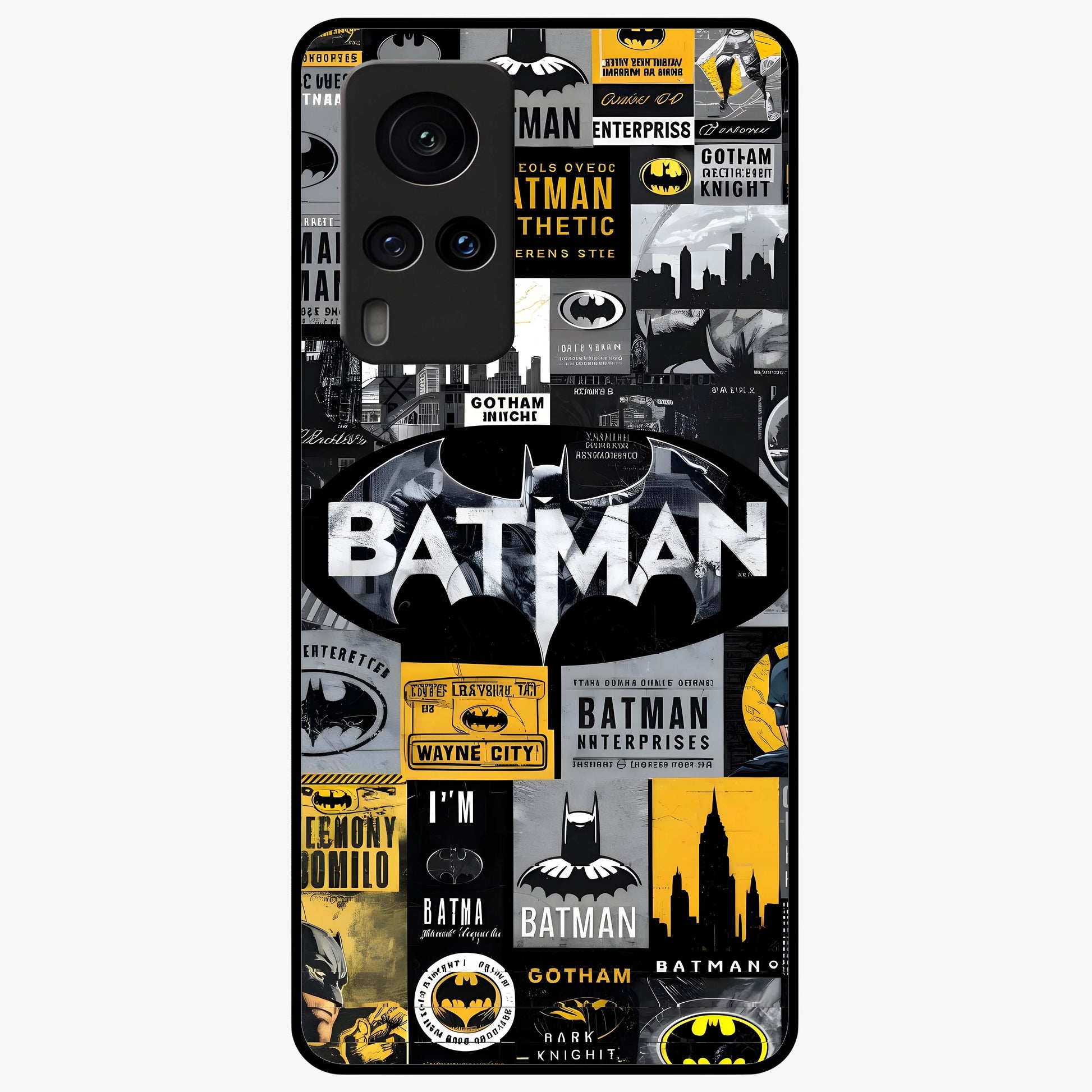 Knight Gotham Rise Glass Case showing flat back view with dark hero inspired artwork and glossy glass finish.